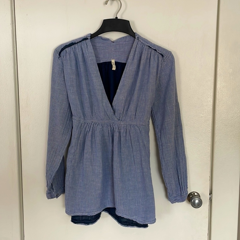 Never worn free people 100% cotton boho blouse.  Blue pin stripe outside, size M